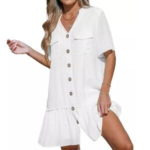 Cupshe Ivory Button-Front Mini Beach Dress, Women's Size L